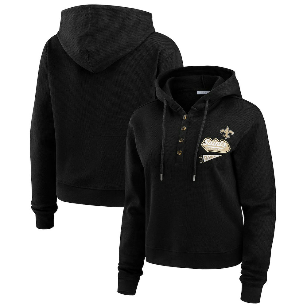 New Orleans Saints WEAR by Erin Andrews Women's Waffle-Knit Pullover Hoodie Black