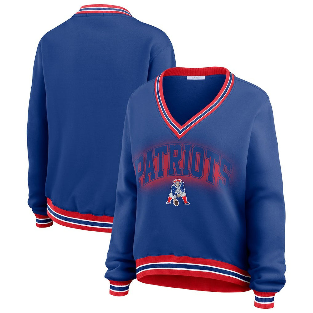 New England Patriots WEAR by Erin Andrews Women's Oversized Long Sleeve V-Neck Sweatshirt Navy