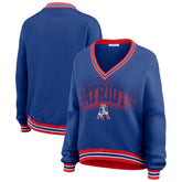 New England Patriots WEAR by Erin Andrews Women's Oversized Long Sleeve V-Neck Sweatshirt Navy
