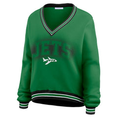 New York Jets WEAR by Erin Andrews Women's Oversized Long Sleeve V-Neck Sweatshirt Green