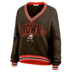 Cleveland Browns WEAR by Erin Andrews Women's Oversized Long Sleeve V-Neck Sweatshirt Brown
