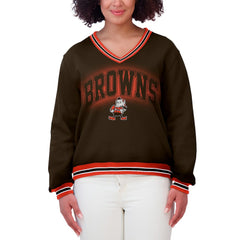 Cleveland Browns WEAR by Erin Andrews Women's Oversized Long Sleeve V-Neck Sweatshirt Brown