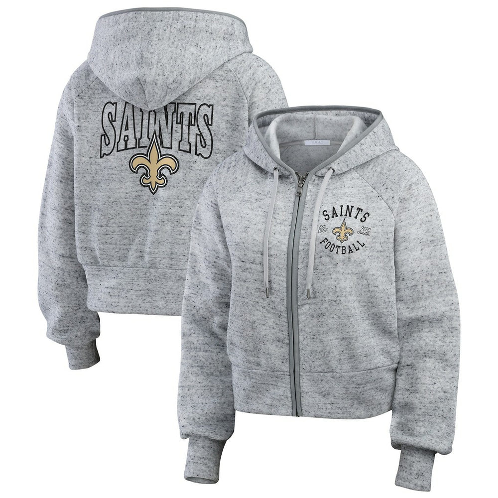 New Orleans Saints WEAR by Erin Andrews Women's Speckled Fleece Cropped Full-Zip Hoodie Heather Gray