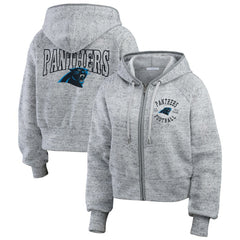 Carolina Panthers WEAR by Erin Andrews Women's Speckled Fleece Cropped Full-Zip Hoodie Heather Gray