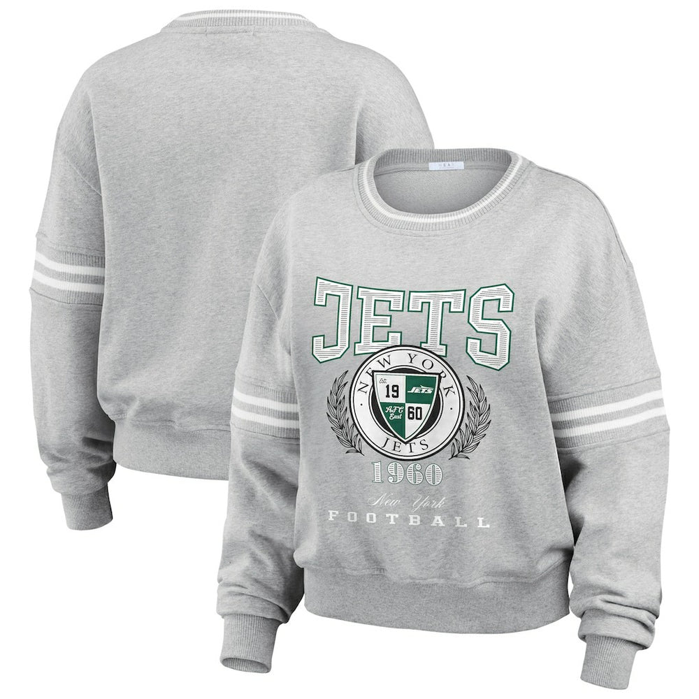 New York Jets WEAR by Erin Andrews Women's Crest Cropped Pullover Sweatshirt Heather Gray