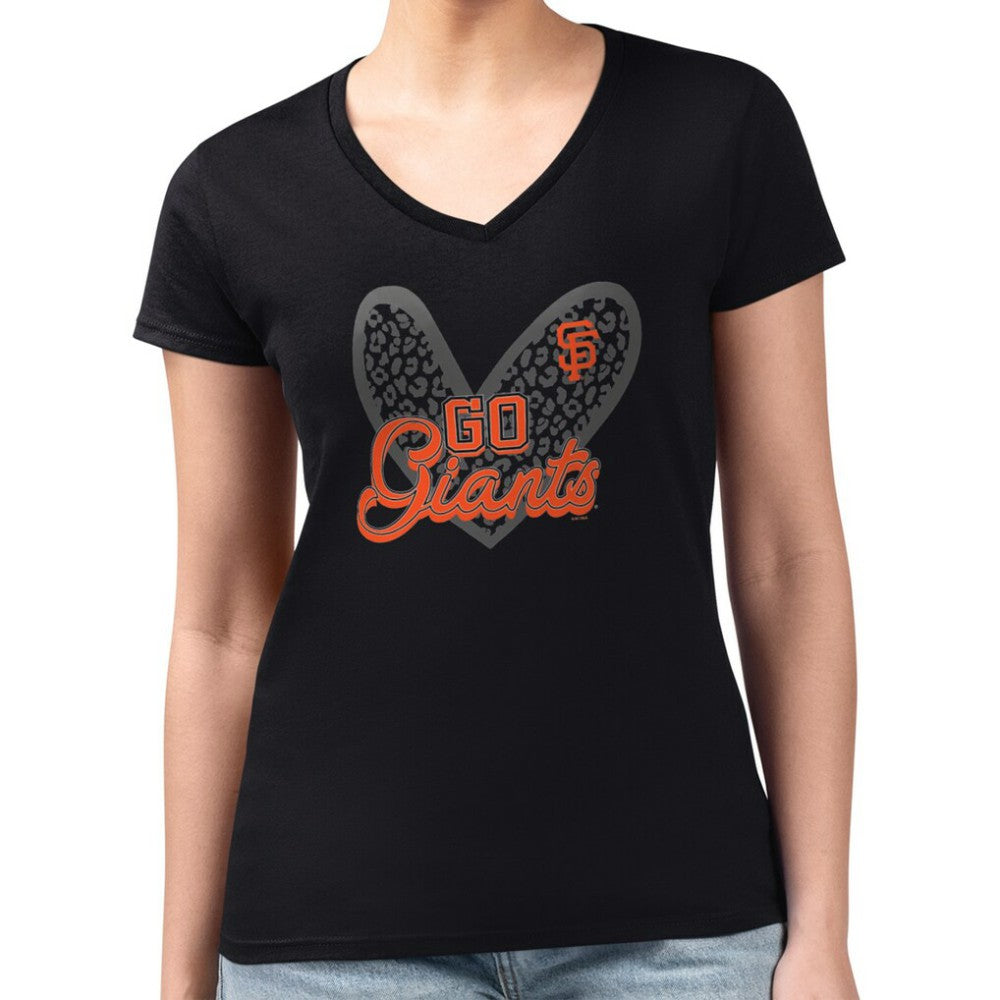 San Francisco Giants G-III 4Her by Carl Banks Women's Super-Slim Fit Lightweight Leopard Heart V-Neck T-Shirt - Black - MLB Discount