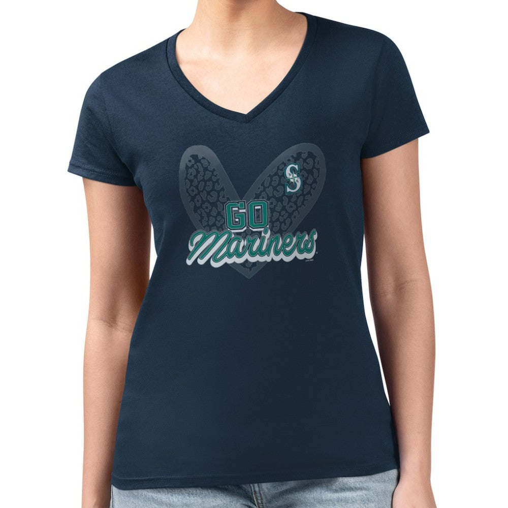 Seattle Mariners G-III 4Her by Carl Banks Women's Super-Slim Fit Lightweight Leopard Heart V-Neck T-Shirt - Navy - MLB Discount