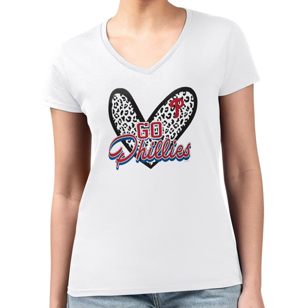 Philadelphia Phillies G-III 4Her by Carl Banks Women's Super-Slim Fit Lightweight Leopard Heart V-Neck T-Shirt - White - MLB Lifestyle