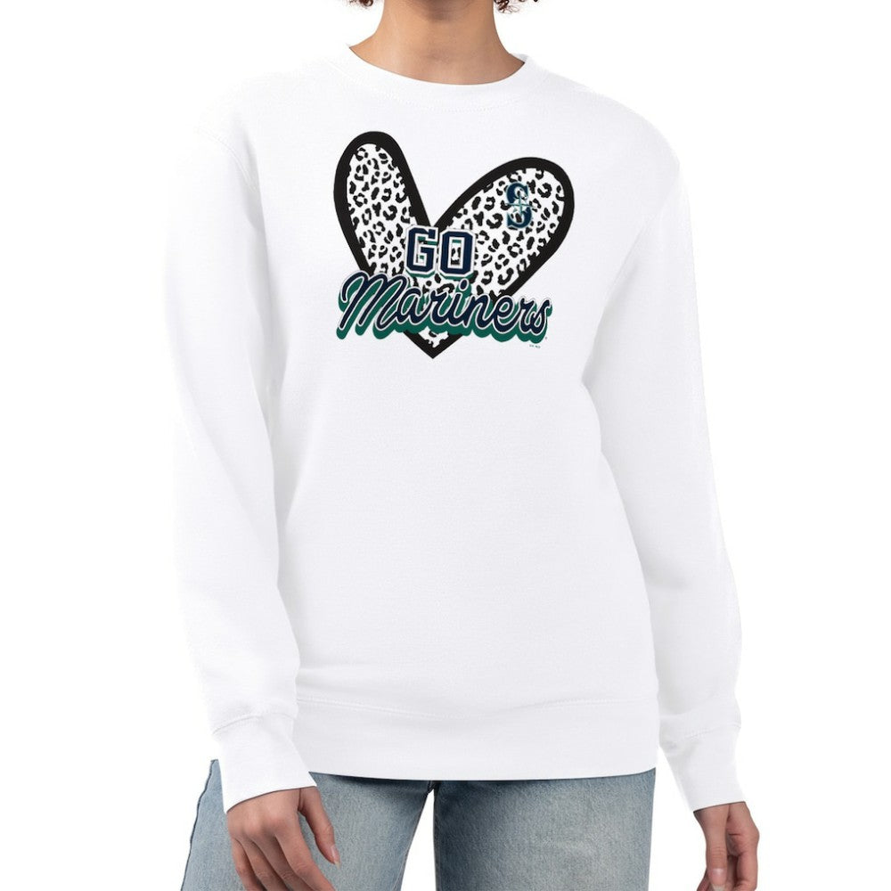 Seattle Mariners G-III 4Her by Carl Banks Women's Leopard Heart Pullover Sweatshirt - White - MLB on Sale