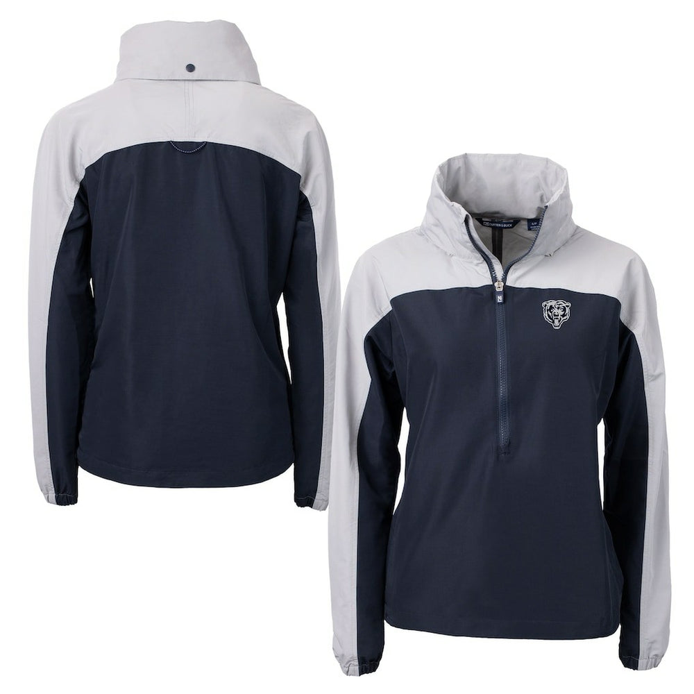 Chicago Bears Cutter & Buck Women's Charter Eco Recycled Half-Zip Hoodie Anorak Jacket Navy/Gray