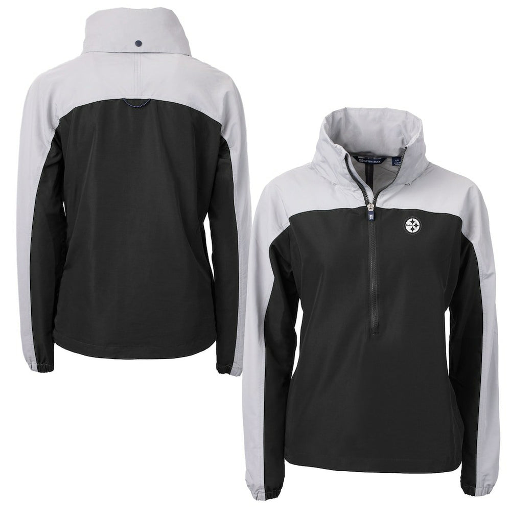 Pittsburgh Steelers Cutter & Buck Women's Charter Eco Recycled Half-Zip Hoodie Anorak Jacket Black/Gray