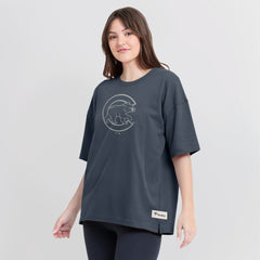 Chicago Cubs Fanatics Women's Oversized Elements Raw Edge Future Ground T-Shirt - Blue - Fanatics Discount