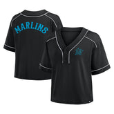 Miami Marlins Fanatics Women's Oversized Champ Game Cropped V-Neck T-Shirt - Black - Fanatics Online