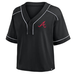Atlanta Braves Fanatics Women's Oversized Champ Game Cropped V-Neck T-Shirt - Black - Fanatics Lifestyle