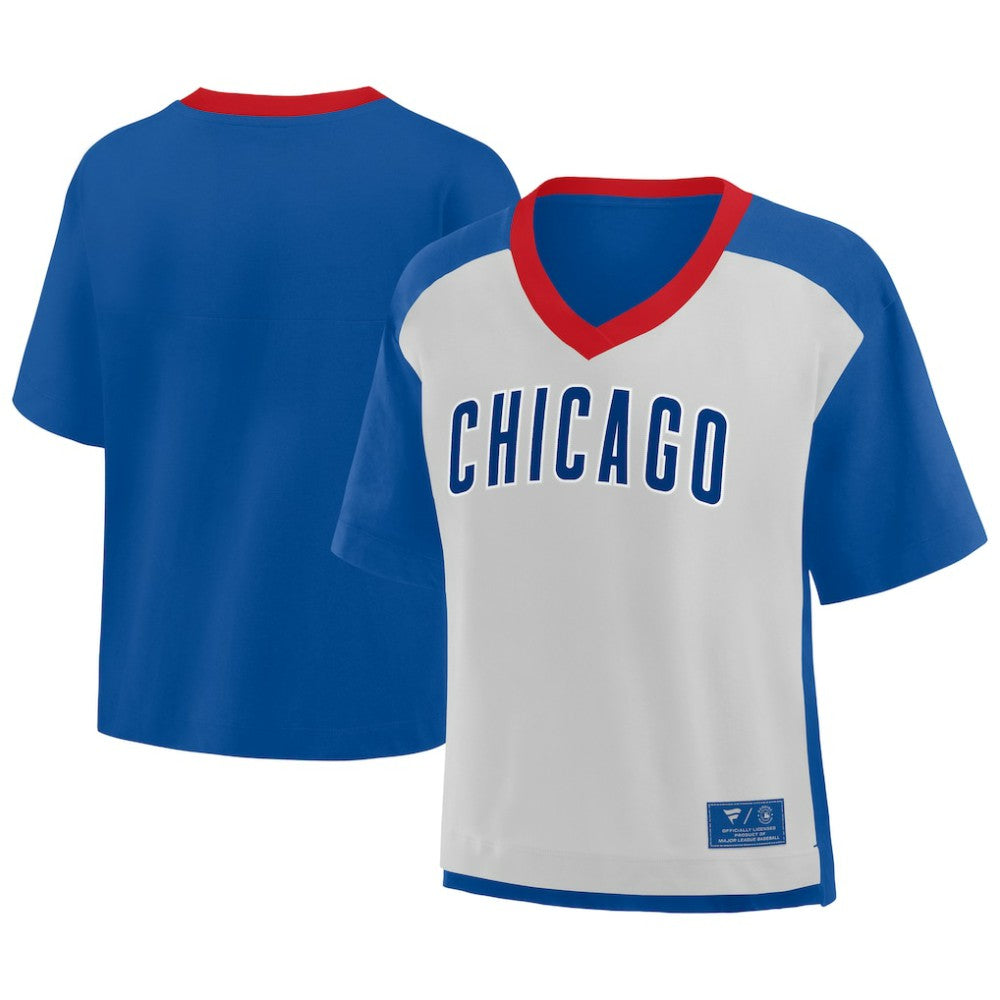 Chicago Cubs Fanatics Oversized Race To Win V-Neck T-Shirt - Royal/Graphite - Fanatics Discount