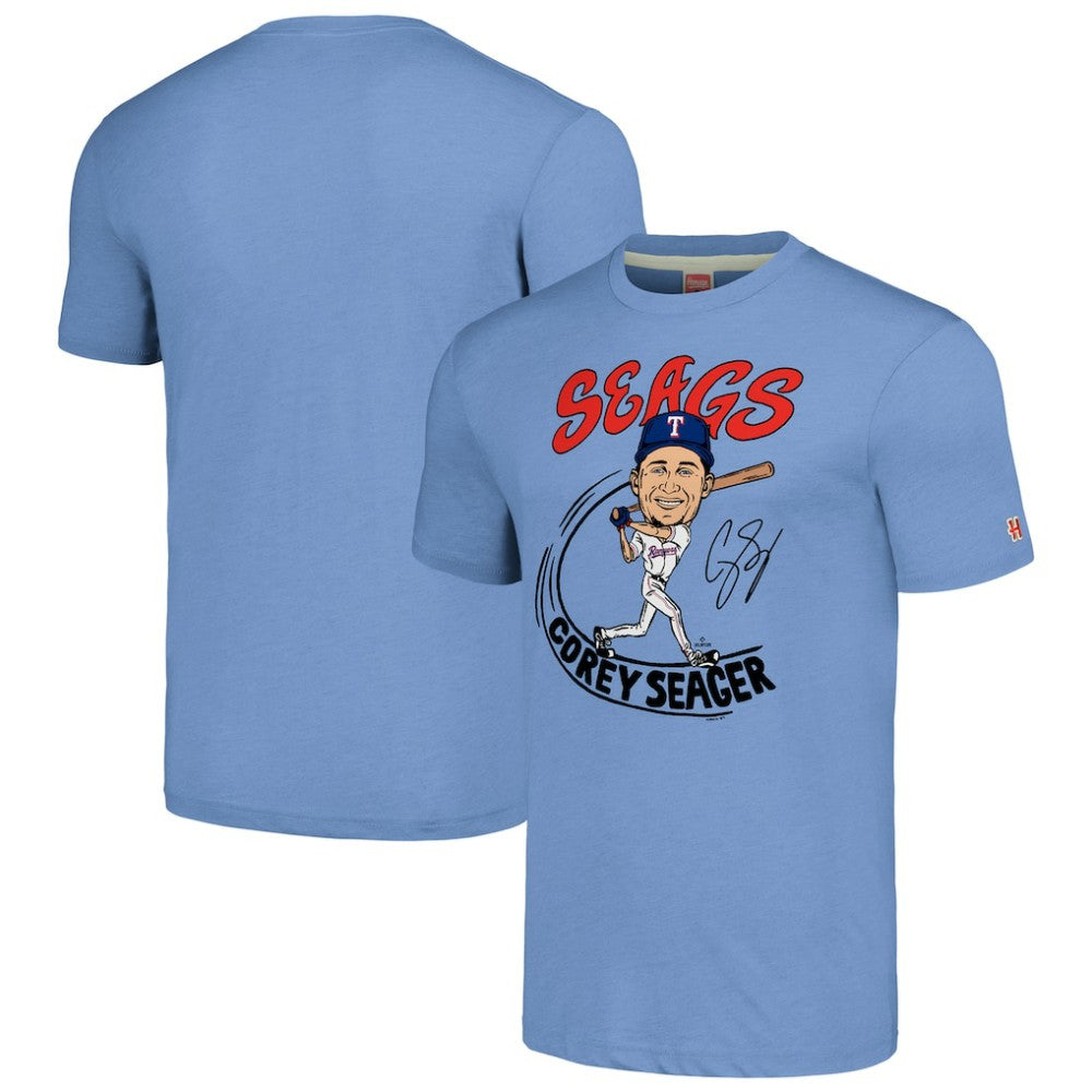 Corey Seager Texas Rangers Homage Caricature Player Tri-Blend T-Shirt - Light Blue - MLB Sale