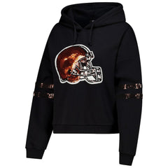 Cleveland Browns Cuce Women's Cropped Sequins Pullover Hoodie Black