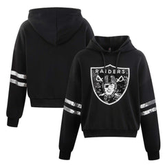 Las Vegas Raiders Cuce Women's Cropped Sequins Pullover Hoodie Black