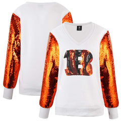 Cincinnati Bengals Cuce Women's Sequin Sleeve V-Neck Pullover Sweatshirt- White
