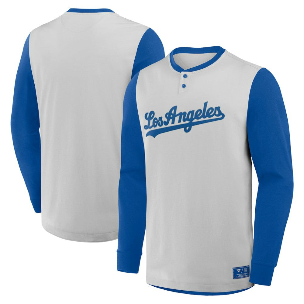 Los Angeles Dodgers Fanatics Clubhouse Long Sleeve Henley Shirt - Gray/Royal - Fanatics on Sale