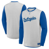 Los Angeles Dodgers Fanatics Clubhouse Long Sleeve Henley Shirt - Gray/Royal - Fanatics on Sale