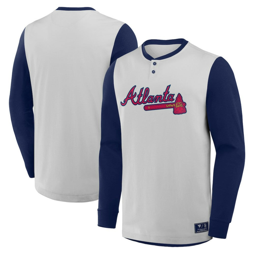 Atlanta Braves Fanatics Clubhouse Long Sleeve Henley Shirt - Gray/Navy - Fanatics Lifestyle