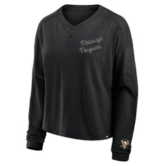 Pittsburgh Penguins Fanatics Women's Oversized All Out Effort Long Sleeve Henley T-Shirt - Black - NHL 201742853