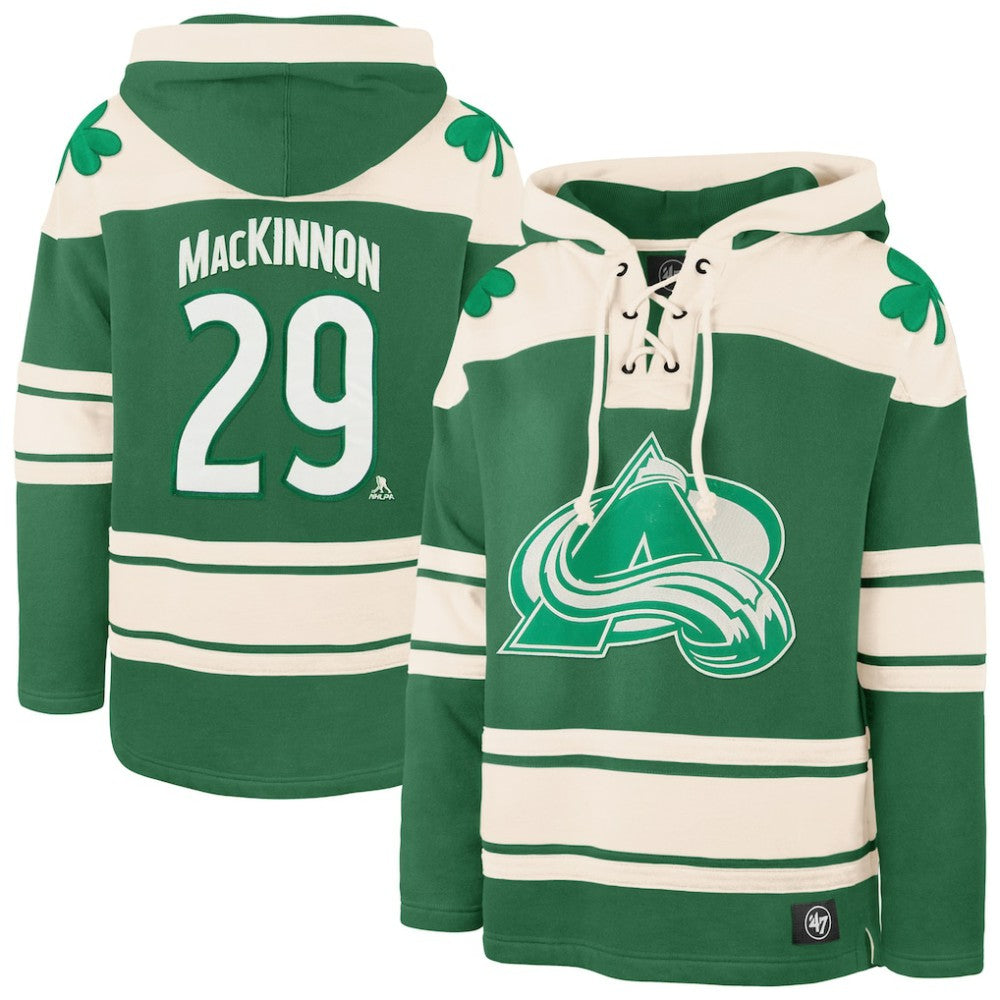 Nathan MacKinnon Colorado Avalanche '47 St. Patrick's Day Player Name & Number Lacer Pullover Hoodie - Kelly Green - NHL 201837448