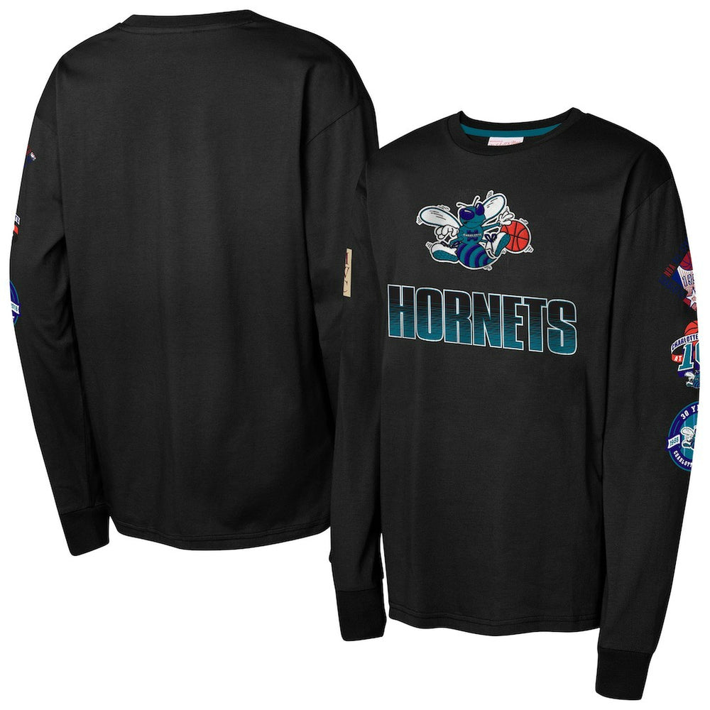 Charlotte Hornets Youth Hardwood Classic All Over Long Sleeve T-Shirt Black | Mitchell & Ness for sale