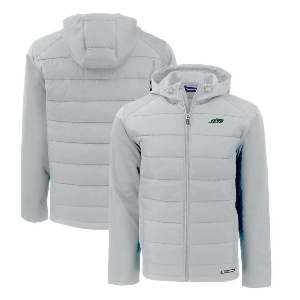 New York Jets Cutter & Buck Primary Logo Evoke Hybrid Eco Softshell Recycled Full-Zip Hooded Jacket Gray