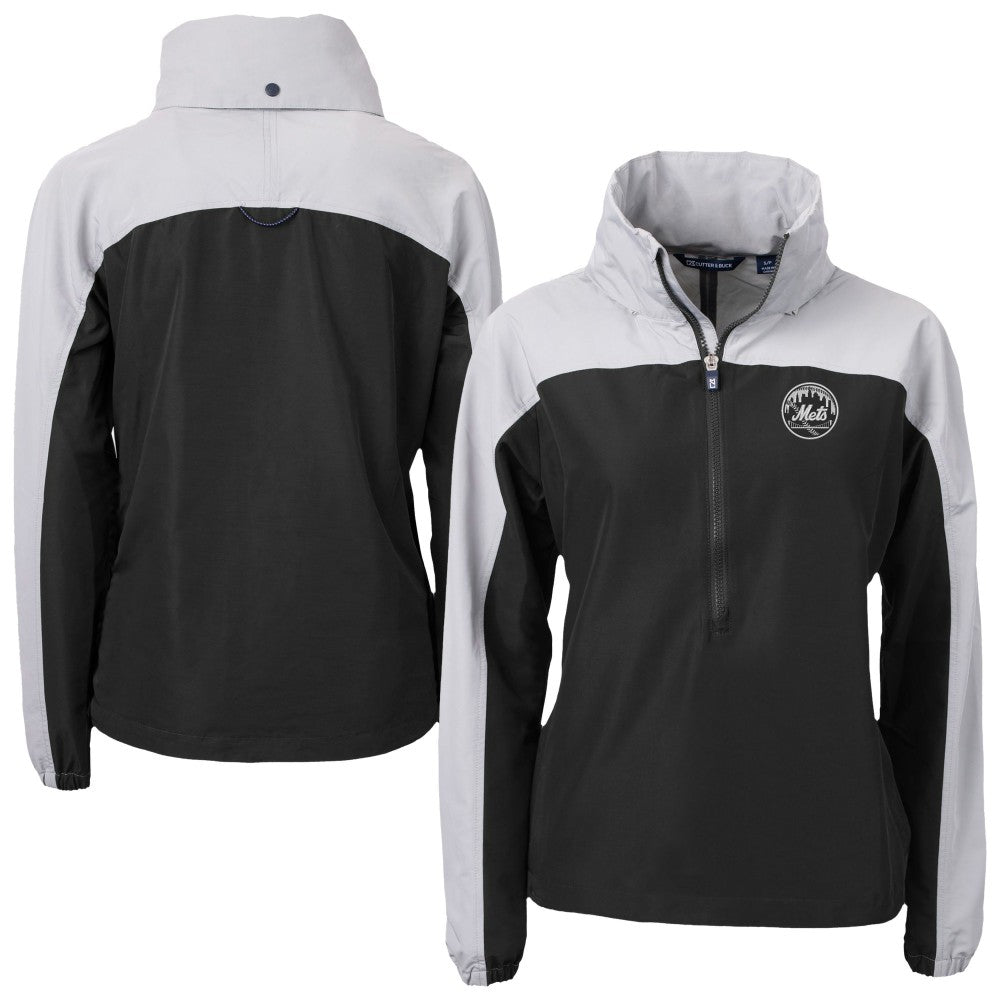 New York Mets Cutter & Buck Women's Charter Eco Recycled Half-Zip Anorak Jacket - Black/Gray - MLB Sale