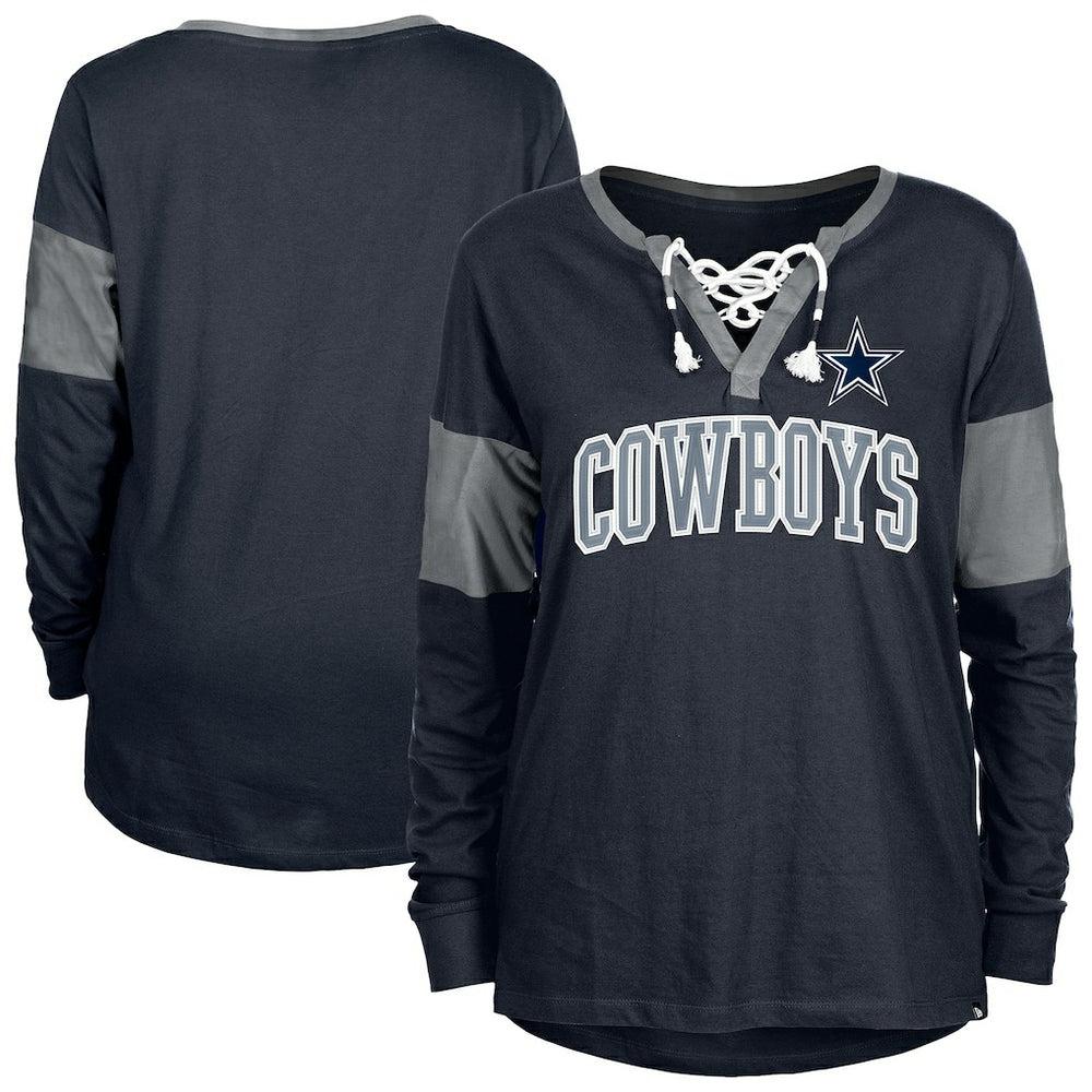Dallas Cowboys New Era Women's Lace-Up Notch-Neck Long Sleeve T-Shirt Navy