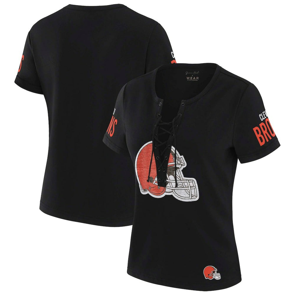 Cleveland Browns WEAR by Erin Andrews x Gracie Hunt Women's Draft Me Lace-Up T-Shirt Black