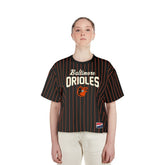 Baltimore Orioles New Era Women's Cooperstown Collection Multiplier Pinstripe Cropped T-Shirt - Black - New Era Lifestyle