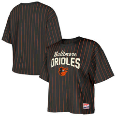Baltimore Orioles New Era Women's Cooperstown Collection Multiplier Pinstripe Cropped T-Shirt - Black - New Era Lifestyle