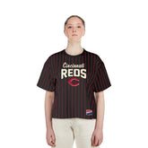 Cincinnati Reds New Era Women's Cooperstown Collection Multiplier Pinstripe Cropped T-Shirt - Black - New Era Online