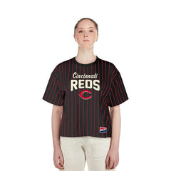 Cincinnati Reds New Era Women's Cooperstown Collection Multiplier Pinstripe Cropped T-Shirt - Black - New Era Online