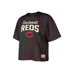Cincinnati Reds New Era Women's Cooperstown Collection Multiplier Pinstripe Cropped T-Shirt - Black - New Era Online
