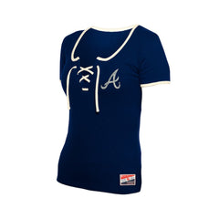Atlanta Braves New Era Women's Throwback Lace Up T-Shirt - Navy - New Era Discount