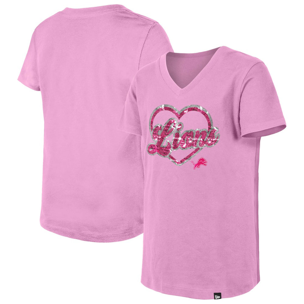 Detroit Lions New Era Girls Youth Flip Sequins V-Neck T-Shirt Pink