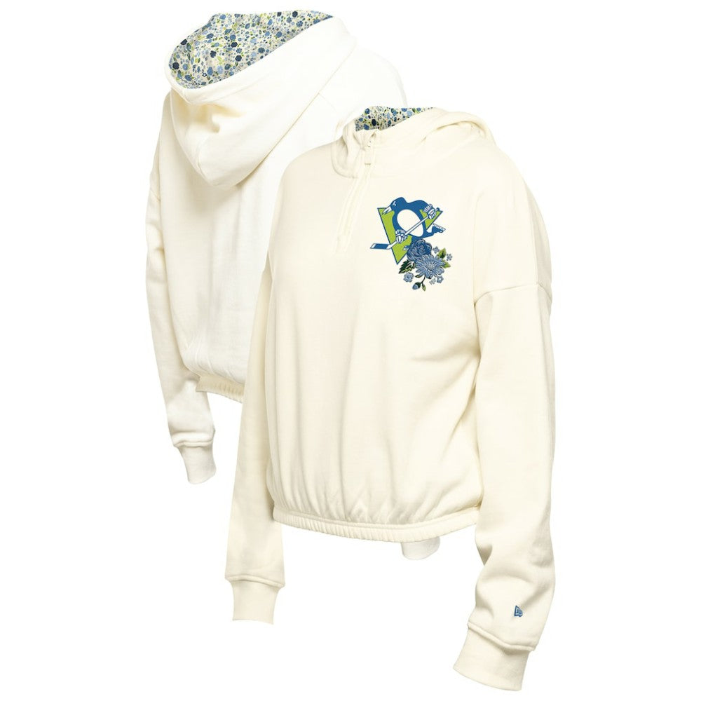 Pittsburgh Penguins New Era Women's Glam Game Quarter-Zip Cropped Floral Hoodie Pullover - Cream - NHL 201889104