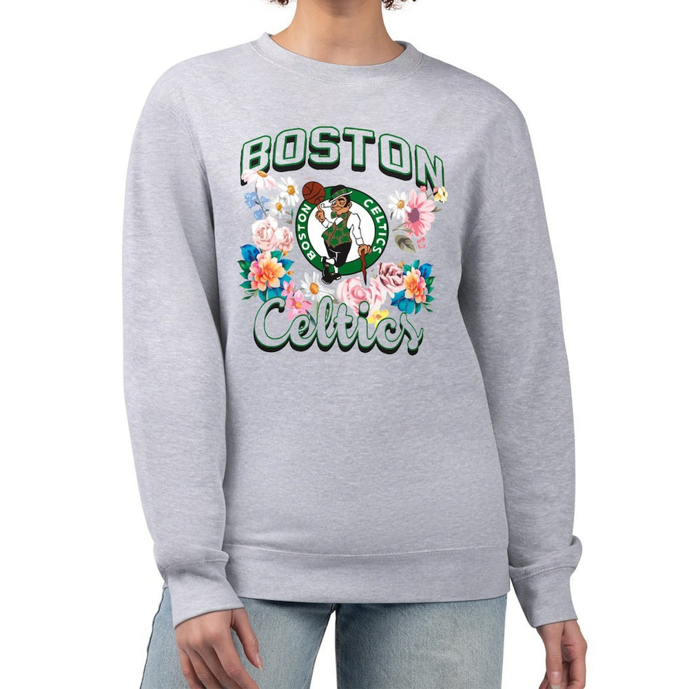 Boston Celtics G-III 4Her by Carl Banks Women's Flowers Team Logo Graphic Fleece Crewneck Pullover Sweatshirt Heather Gray