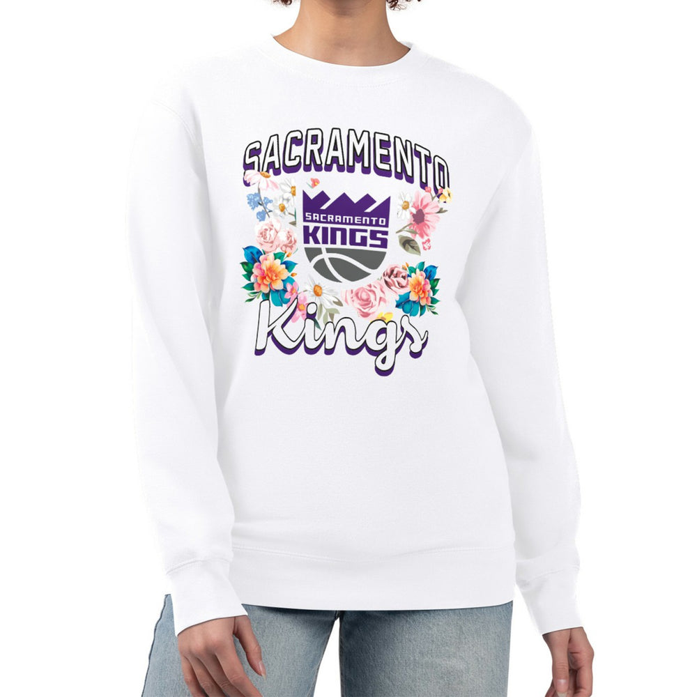 Sacramento Kings G-III 4Her by Carl Banks Women's Flowers Team Logo Graphic Fleece Crewneck Pullover Sweatshirt White