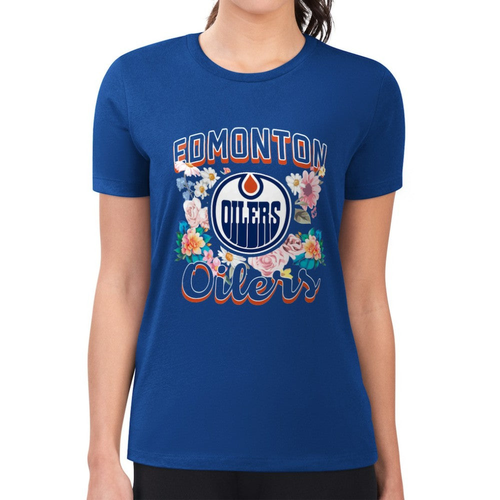 Edmonton Oilers G-III 4Her by Carl Banks Women's Super-Slim Fit Lightweight Flower Logo T-Shirt - Royal - NHL 201906211
