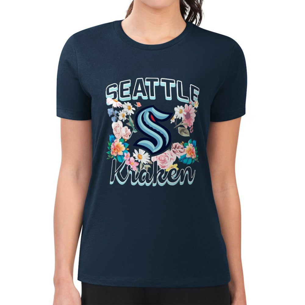 Seattle Kraken G-III 4Her by Carl Banks Women's Super-Slim Fit Lightweight Flower Logo T-Shirt - Navy - NHL 201906259
