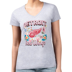 Detroit Red Wings G-III 4Her by Carl Banks Women's Super-Slim Fit Lightweight Flower Logo V-Neck T-Shirt - Heather Gray - NHL 201906316
