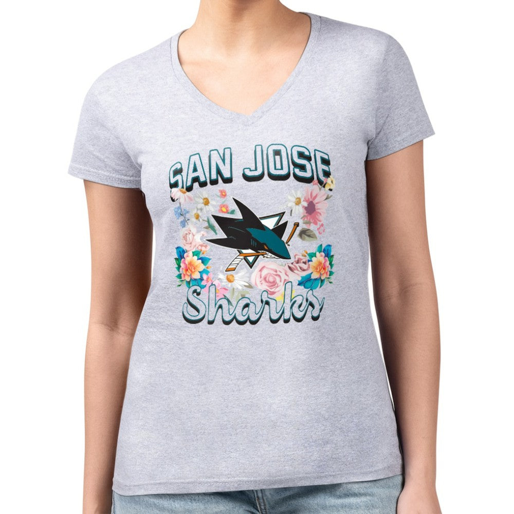 San Jose Sharks G-III 4Her by Carl Banks Women's Super-Slim Fit Lightweight Flower Logo V-Neck T-Shirt - Heather Gray - NHL 201906328