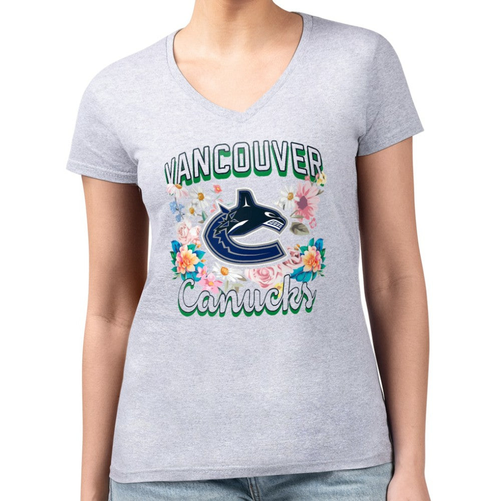 Vancouver Canucks G-III 4Her by Carl Banks Women's Super-Slim Fit Lightweight Flower Logo V-Neck T-Shirt - Heather Gray - NHL 201906333