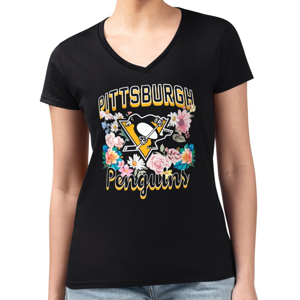 Pittsburgh Penguins G-III 4Her by Carl Banks Women's Super-Slim Fit Lightweight Flower Logo V-Neck T-Shirt - Black - NHL 201906352