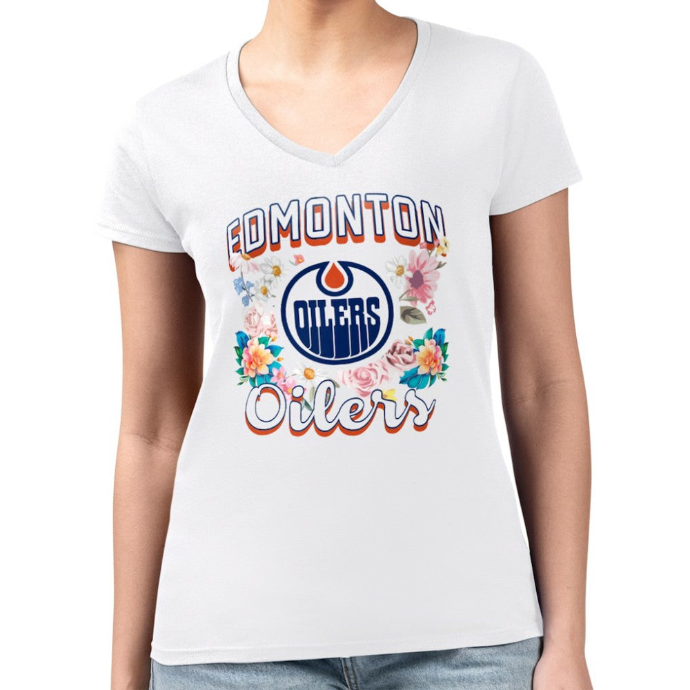 Edmonton Oilers G-III 4Her by Carl Banks Women's Super-Slim Fit Lightweight Flower Logo V-Neck T-Shirt - White - NHL 201906361